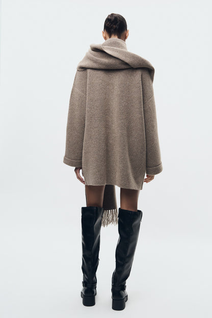 Short Knit Coat With Scarf